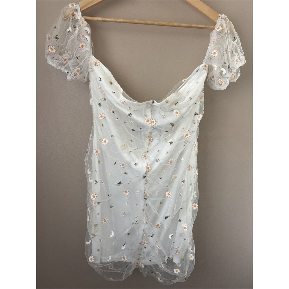 Nasty Gal White Floral Daisy Embroidered Mesh Ruched Mini Dress Womens NWT